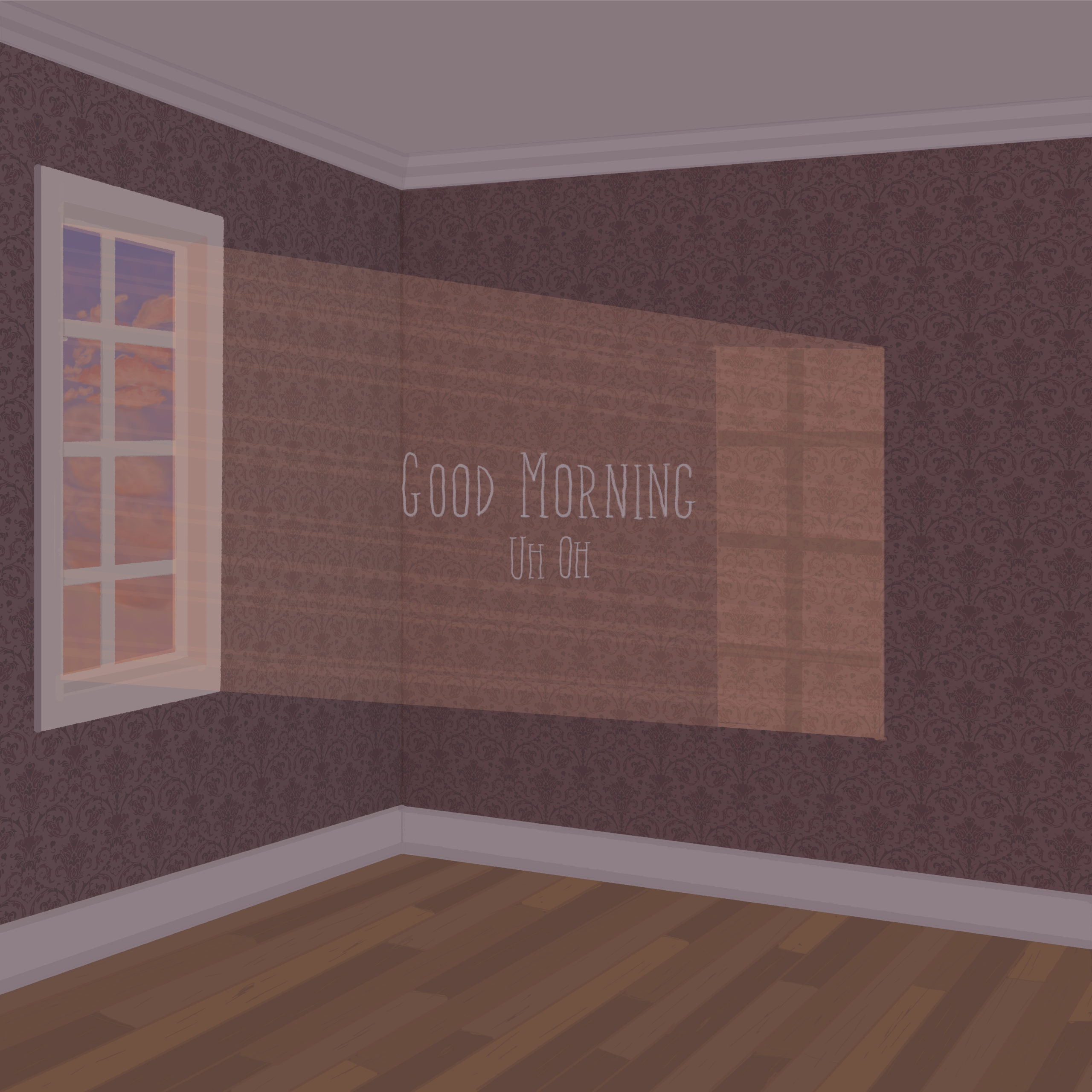 'Good Morning' album art. Features a Digital painting of an empty room with vintage purple wallpaper in the early morning with a sunrise through a window casting a light beam onto the opposite wall.